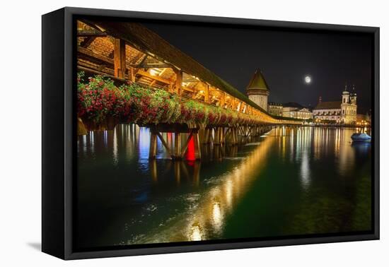 Scenic Night View of the Chapel Bridge, Lucerne-George Oze-Framed Stretched Canvas