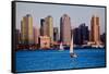 Scenic San Diego skyline, sailboat and waterfront, Pacific Ocean at sunset, California-null-Framed Stretched Canvas