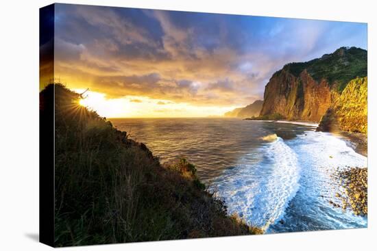 Scenic sky at dawn over waves crashing on cliffs, Madeira island, Portugal, Atlantic, Europe-Roberto Moiola-Stretched Canvas