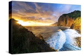 Scenic sky at dawn over waves crashing on cliffs, Madeira island, Portugal, Atlantic, Europe-Roberto Moiola-Stretched Canvas