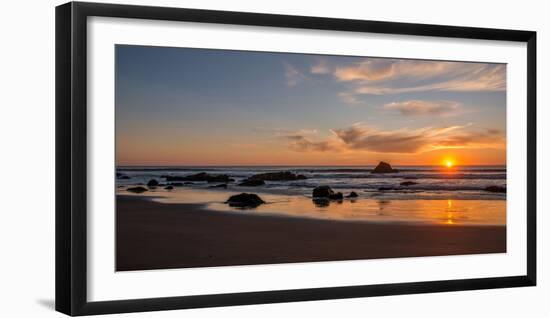 Scenic view of beach at sunset, San Simeon, San Luis Obispo County, California, USA-null-Framed Photographic Print