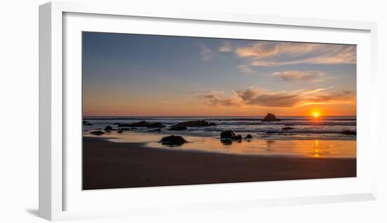 Scenic view of beach at sunset, San Simeon, San Luis Obispo County, California, USA-null-Framed Photographic Print