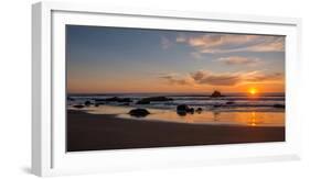 Scenic view of beach at sunset, San Simeon, San Luis Obispo County, California, USA-null-Framed Photographic Print