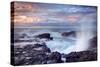 Scenic View of Blowhole on Rocky Coastline with Sunset Cloudscape Background, Reunion Island.-infografick-Stretched Canvas