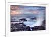 Scenic View of Blowhole on Rocky Coastline with Sunset Cloudscape Background, Reunion Island.-infografick-Framed Photographic Print