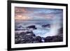 Scenic View of Blowhole on Rocky Coastline with Sunset Cloudscape Background, Reunion Island.-infografick-Framed Photographic Print