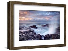 Scenic View of Blowhole on Rocky Coastline with Sunset Cloudscape Background, Reunion Island.-infografick-Framed Photographic Print