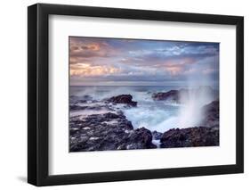 Scenic View of Blowhole on Rocky Coastline with Sunset Cloudscape Background, Reunion Island.-infografick-Framed Photographic Print