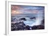 Scenic View of Blowhole on Rocky Coastline with Sunset Cloudscape Background, Reunion Island.-infografick-Framed Photographic Print