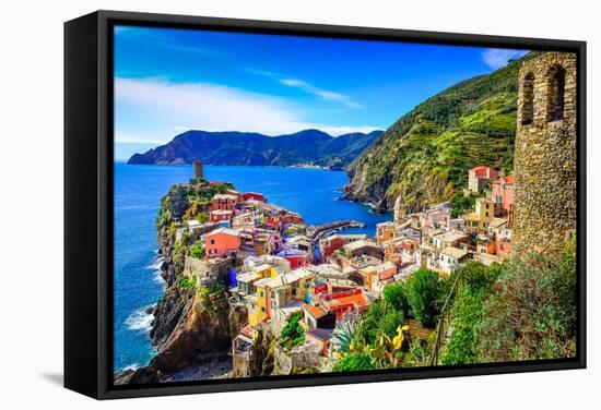 Scenic View of Colorful Village Vernazza and Ocean Coast in Cinque Terre, Italy-Martin M303-Framed Stretched Canvas