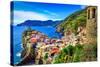 Scenic View of Colorful Village Vernazza and Ocean Coast in Cinque Terre, Italy-Martin M303-Stretched Canvas