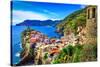 Scenic View of Colorful Village Vernazza and Ocean Coast in Cinque Terre, Italy-Martin M303-Stretched Canvas