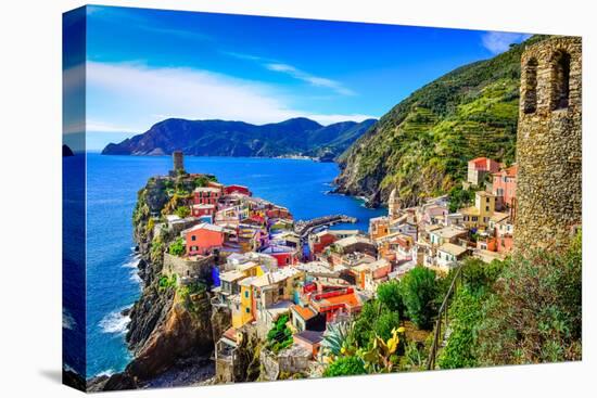 Scenic View of Colorful Village Vernazza and Ocean Coast in Cinque Terre, Italy-Martin M303-Stretched Canvas