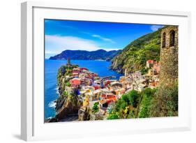 Scenic View of Colorful Village Vernazza and Ocean Coast in Cinque Terre, Italy-Martin M303-Framed Photographic Print