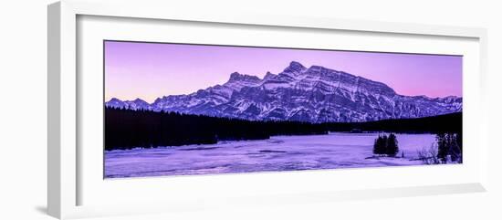Scenic view of frozen Two Jack Lake at dawn, Mount Rundle, Banff National Park, Alberta, Canada-null-Framed Photographic Print