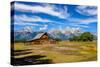 Scenic View of Grand Teton with Old Wooden Farm-MartinM303-Stretched Canvas