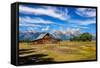 Scenic View of Grand Teton with Old Wooden Farm-MartinM303-Framed Stretched Canvas