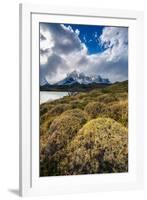 Scenic view of Los Cuernos mountain peaks from shore of Lago Pehoe-Jan Miracky-Framed Photographic Print