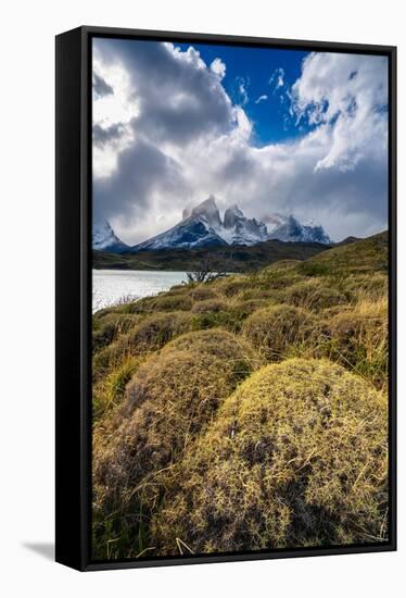 Scenic view of Los Cuernos mountain peaks from shore of Lago Pehoe-Jan Miracky-Framed Stretched Canvas