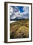 Scenic view of Los Cuernos mountain peaks from shore of Lago Pehoe-Jan Miracky-Framed Photographic Print