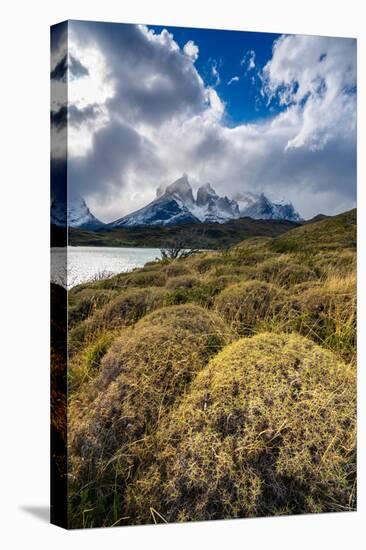 Scenic view of Los Cuernos mountain peaks from shore of Lago Pehoe-Jan Miracky-Stretched Canvas