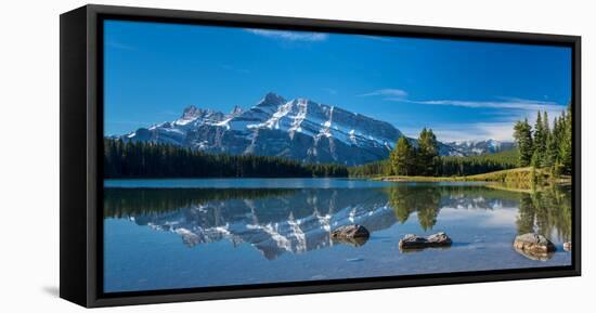 Scenic view of Mount Rundle reflected in Two Jack Lake, Banff National Park, Alberta, Canada-null-Framed Stretched Canvas