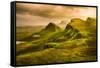 Scenic View of Quiraing Mountains Sunset with Dramatic Sky, Scotland-MartinM303-Framed Stretched Canvas