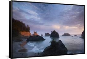 Scenic view of rock formations in the ocean, Haystack Rock, Cannon Beach, Samuel H. Boardman Sta...-Panoramic Images-Framed Stretched Canvas