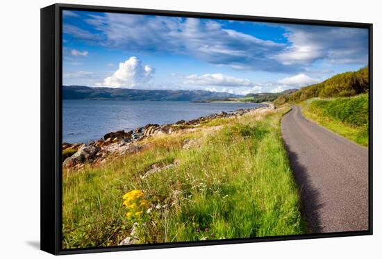 Scenic Winding Road along the Sea Loch Caolisport at Kintyre Peninsula, Argyll and Bute, Scotland,-naumoid-Framed Stretched Canvas