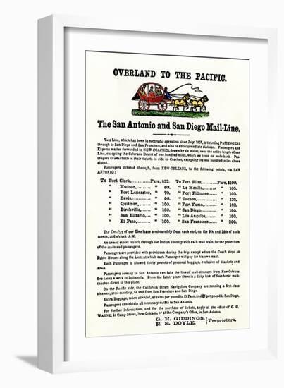 Schedule and Ticket Prices for the San Antonio & San Diego Mail-Line, c.1838-null-Framed Giclee Print