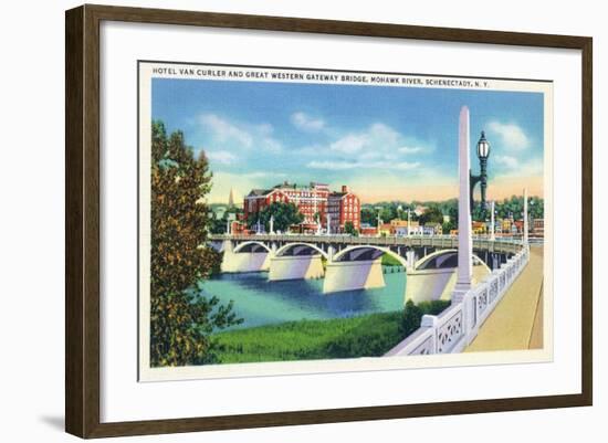 Schenectady, New York - Hotel Van Curler from Mohawk River Bridge-Lantern Press-Framed Art Print