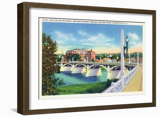 Schenectady, New York - Hotel Van Curler from Mohawk River Bridge-Lantern Press-Framed Art Print