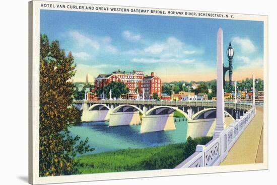 Schenectady, New York - Hotel Van Curler from Mohawk River Bridge-Lantern Press-Stretched Canvas
