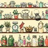 Rustic Kitchen Vector Seamless Pattern. Colorful Cooking Items Background. Side View Kitchen Shelve-schiva-Laminated Art Print
