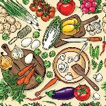 Vegetarian Food Recipes Seamless Pattern with Vegetables and Kitchenware. Colorful Top View Cooking-schiva-Art Print