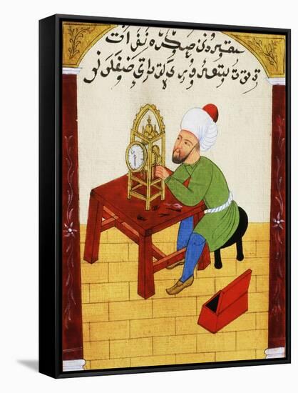 Scholar Studying the Workings of a Clock, Ottoman Manuscript, 17th century-null-Framed Stretched Canvas
