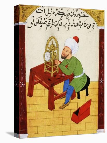 Scholar Studying the Workings of a Clock, Ottoman Manuscript, 17th century-null-Stretched Canvas