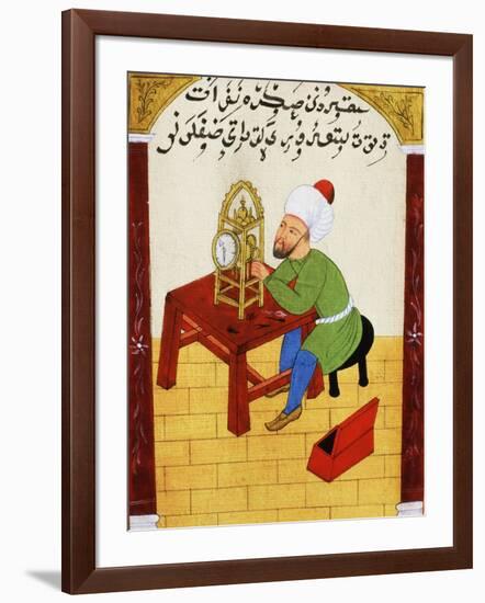 Scholar Studying the Workings of a Clock, Ottoman Manuscript, 17th century-null-Framed Giclee Print