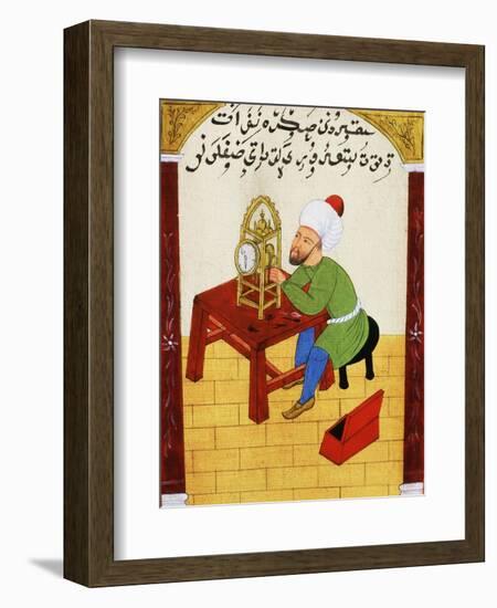 Scholar Studying the Workings of a Clock, Ottoman Manuscript, 17th century-null-Framed Giclee Print