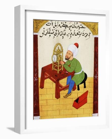 Scholar Studying the Workings of a Clock, Ottoman Manuscript, 17th century-null-Framed Giclee Print