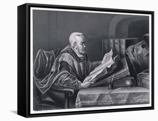 Scholar Wearing a Fine Cloak Peers Through His Monocle to Read a Large Format Book-W. French-Framed Stretched Canvas