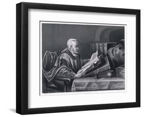 Scholar Wearing a Fine Cloak Peers Through His Monocle to Read a Large Format Book-W. French-Framed Art Print