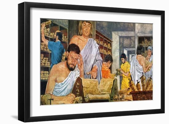 Scholars at Work in the Famed Library of Alexandria-Richard Hook-Framed Giclee Print