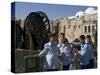 School Boys, in Front of a Mosque and Water Wheel on the Orontes River, Hama, Syria, Middle East-Christian Kober-Stretched Canvas