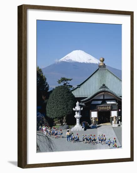 School Children and Temple, Mount Fuji, Honshu, Japan-null-Framed Premium Photographic Print