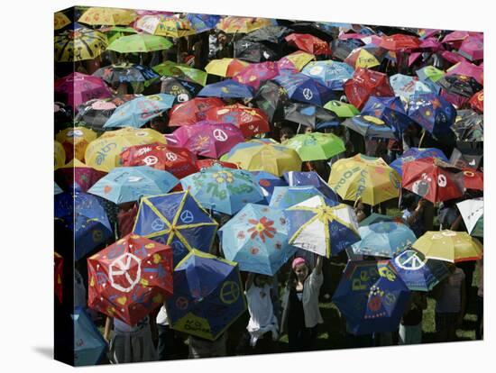 School Children Hold Up their Umbrellas after Taking Part in Umbrellas for Peace March, St. Helena-null-Stretched Canvas