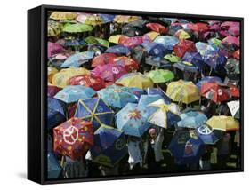 School Children Hold Up their Umbrellas after Taking Part in Umbrellas for Peace March, St. Helena-null-Framed Stretched Canvas