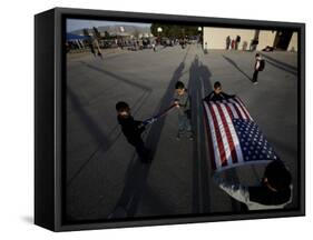 School Children Prepare to Raise the US and Texas Flags in Front of the Elementary School-null-Framed Stretched Canvas