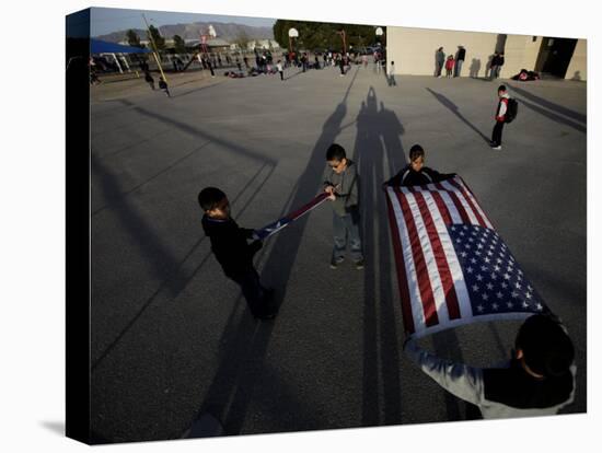School Children Prepare to Raise the US and Texas Flags in Front of the Elementary School-null-Stretched Canvas