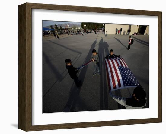 School Children Prepare to Raise the US and Texas Flags in Front of the Elementary School-null-Framed Photographic Print